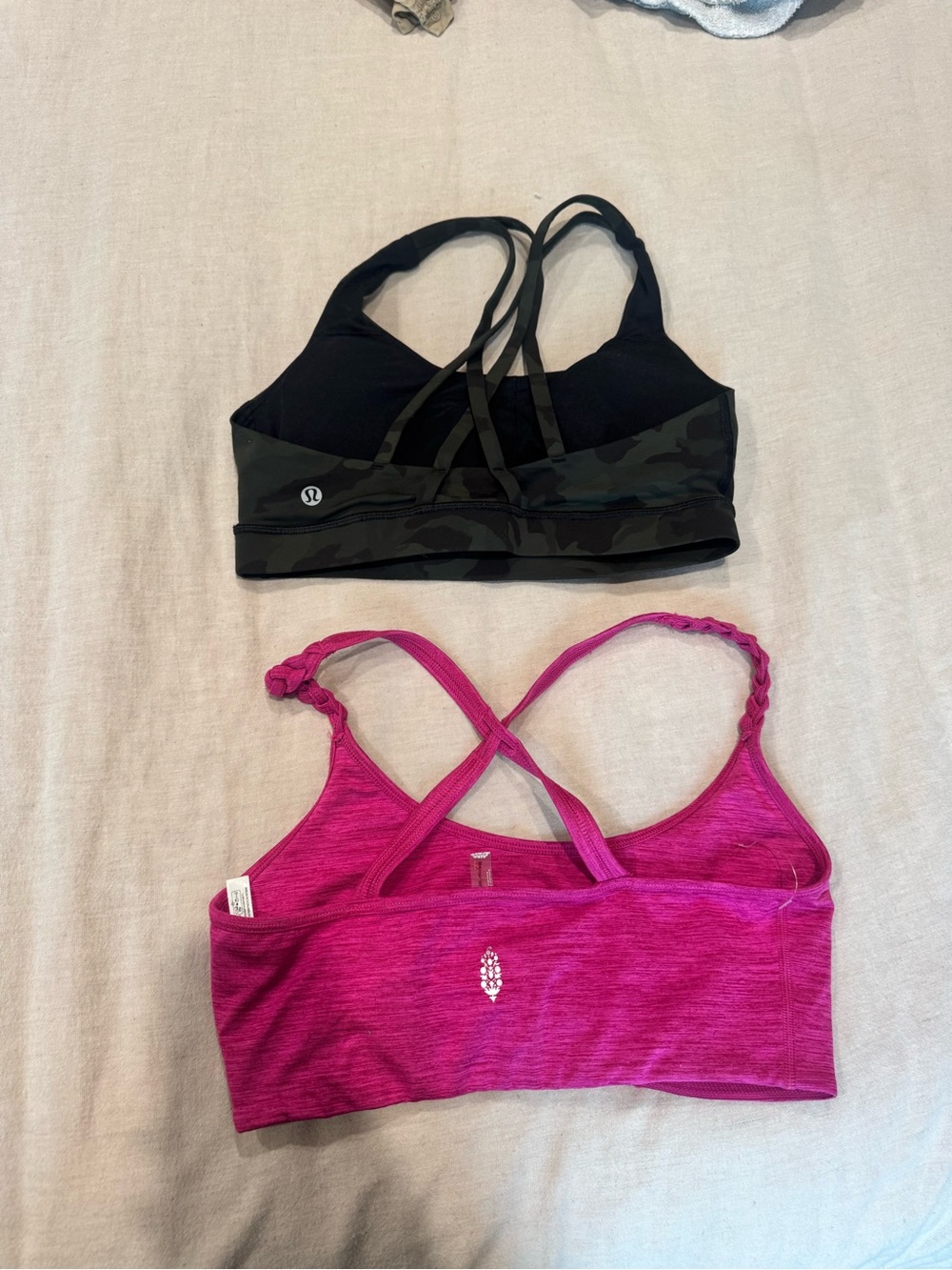 lululemon Black Camo Sports Bra and Bright Pink Strappy Sports Bra